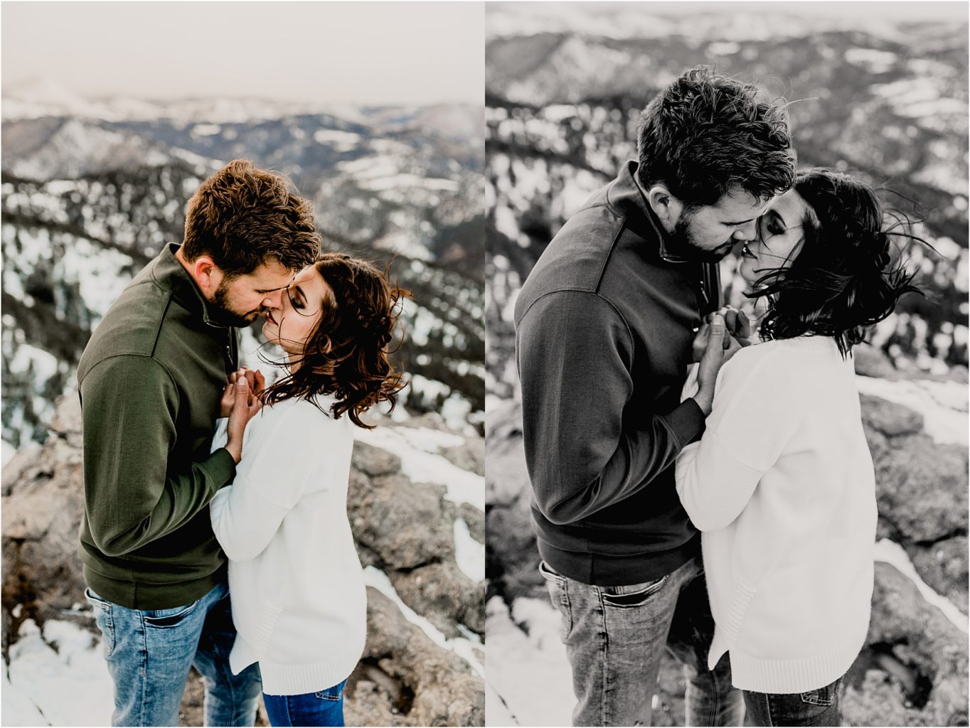 beautiful colorado engagement session in the snow covered trees and mountains of lost gulch lookout
