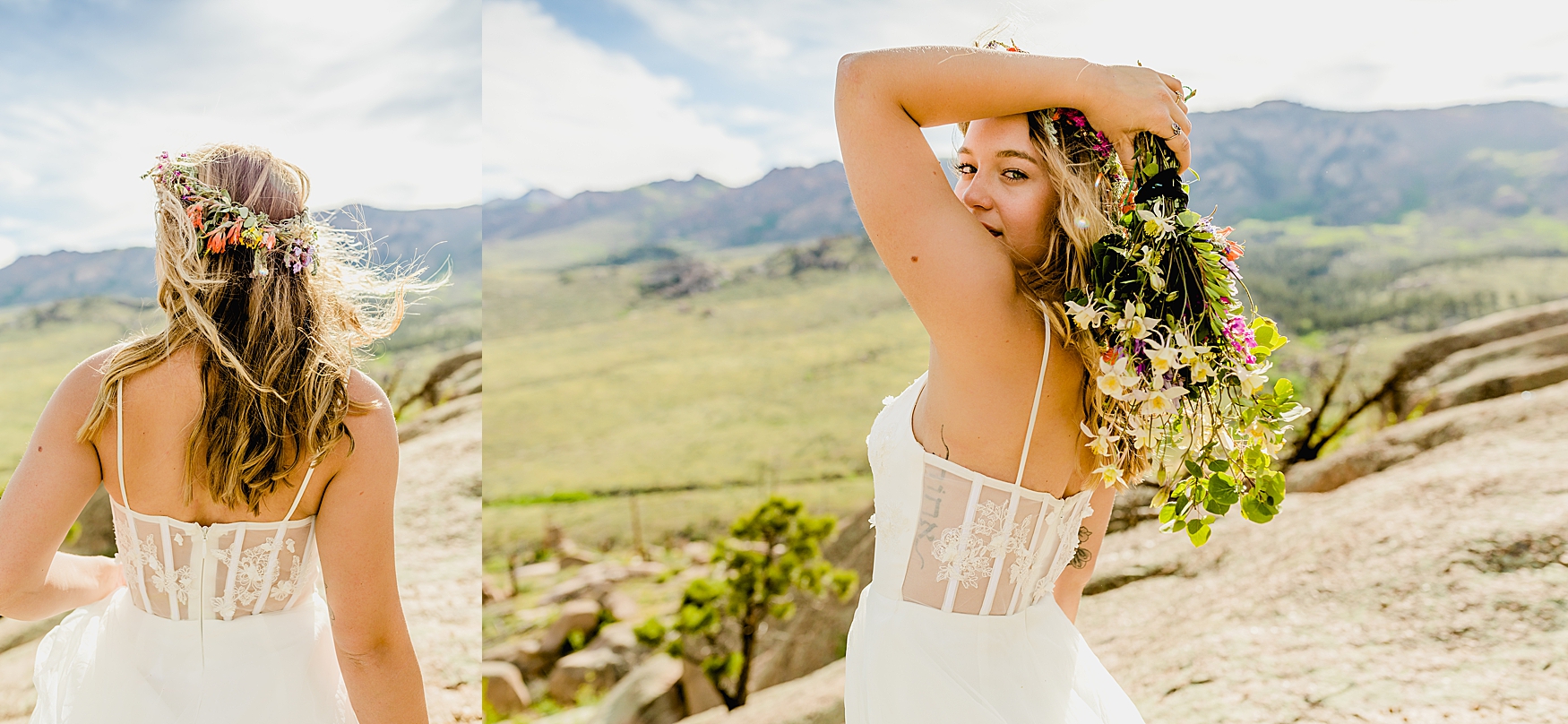 bride standing on rock for her Colorado elopement with beautiful mountain background