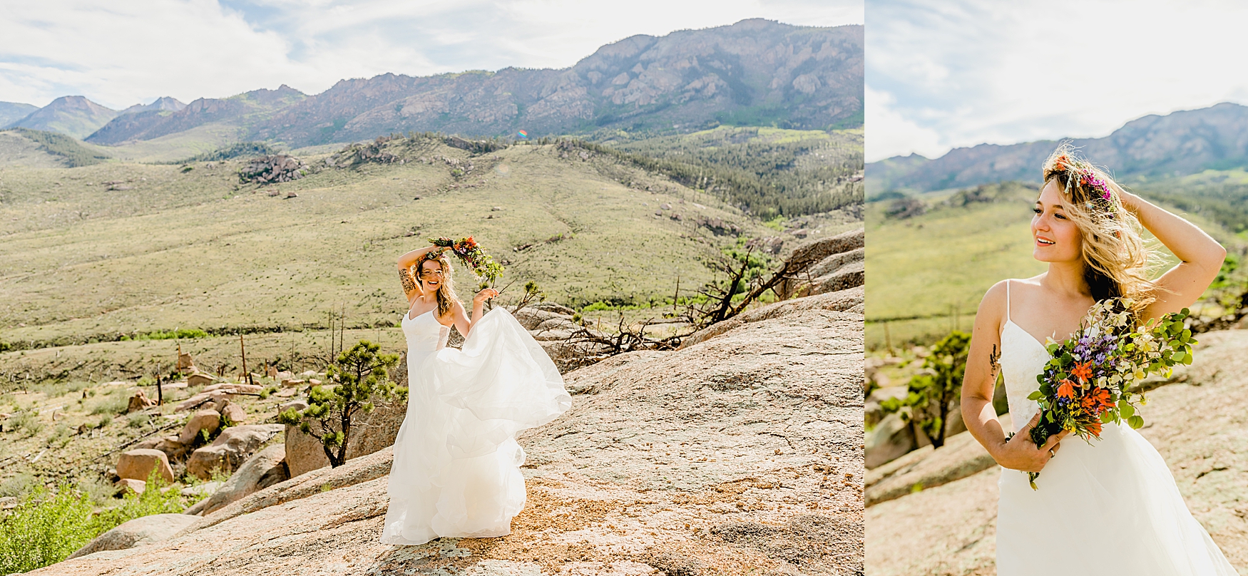 beautiful bride in wedding dress for Colorado elopement with mountain background