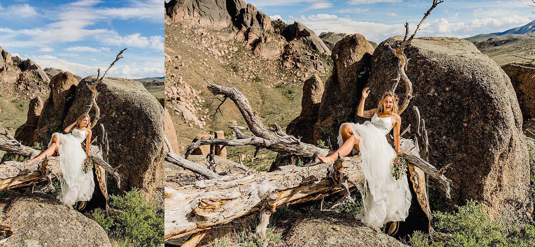 bride sitting on driftwood for Colorado elopement