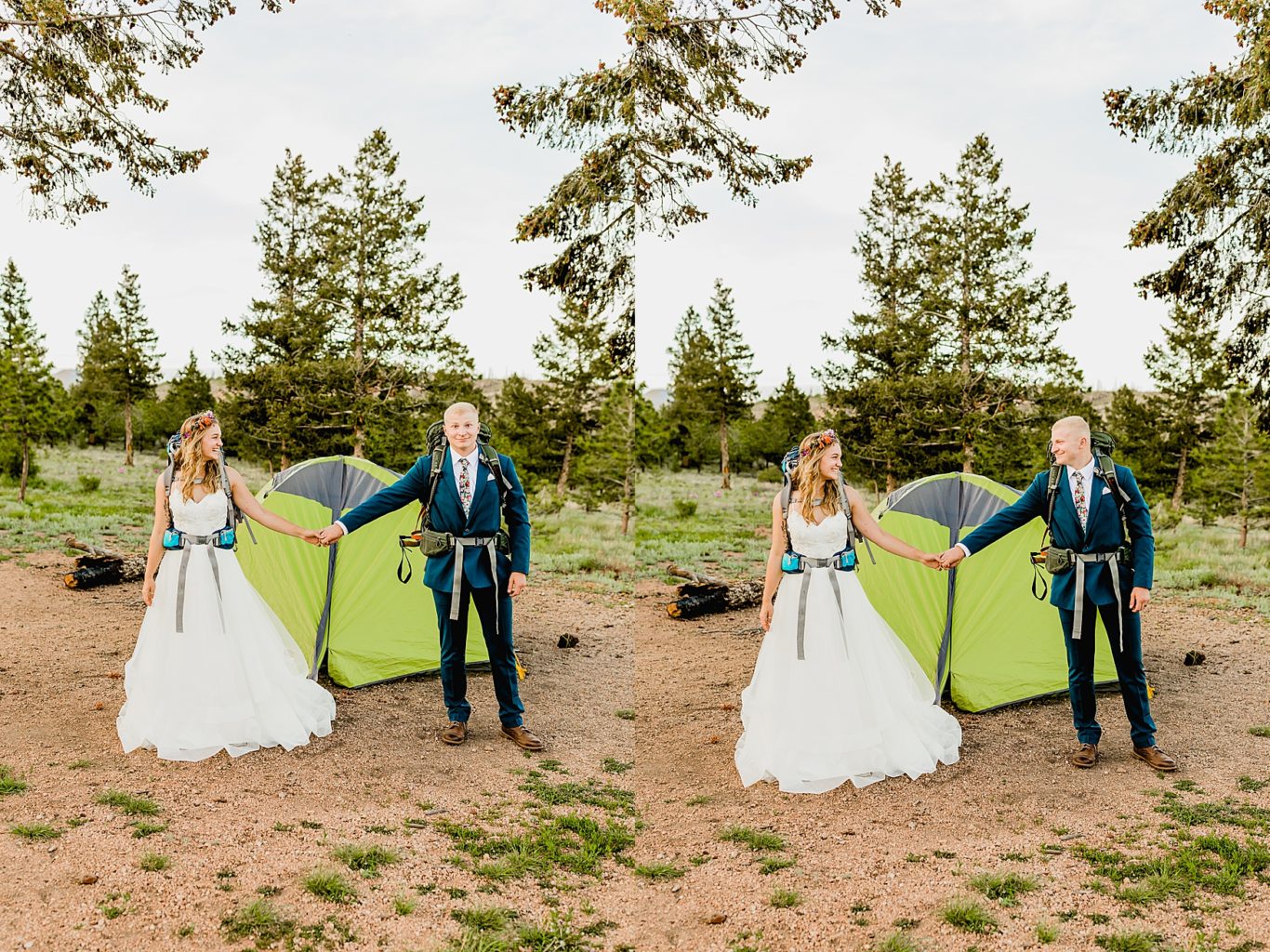 colorado bride and groom in backpacks hiking to their tent to camp after elopement