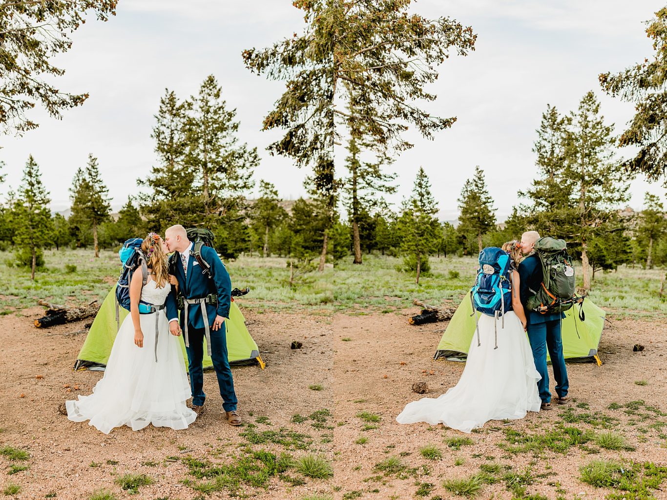 colorado bride and groom in backpacks hiking to their tent to camp after elopement