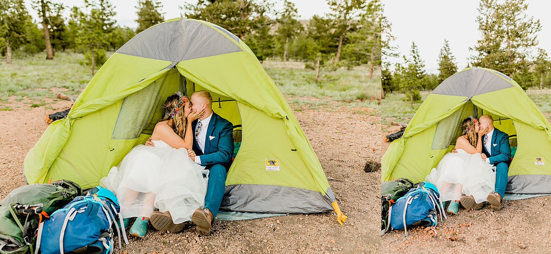 colorado bride and groom sitting in tent to camp after elopement