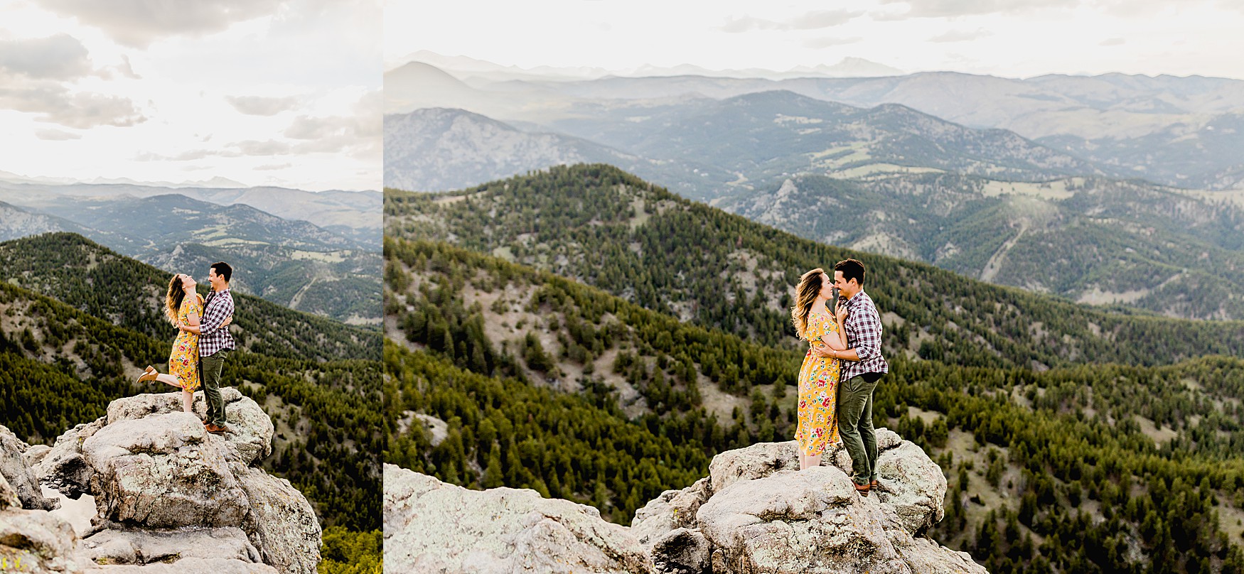 couple embracing together in boulder colorado for engagement photos in the mountains