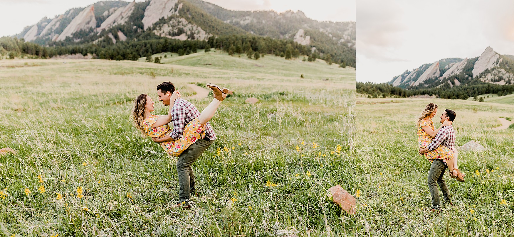 adventurous couple at sunset in boulder colorado chautauqua park for summer engagement photos among the beautiful wildflowers