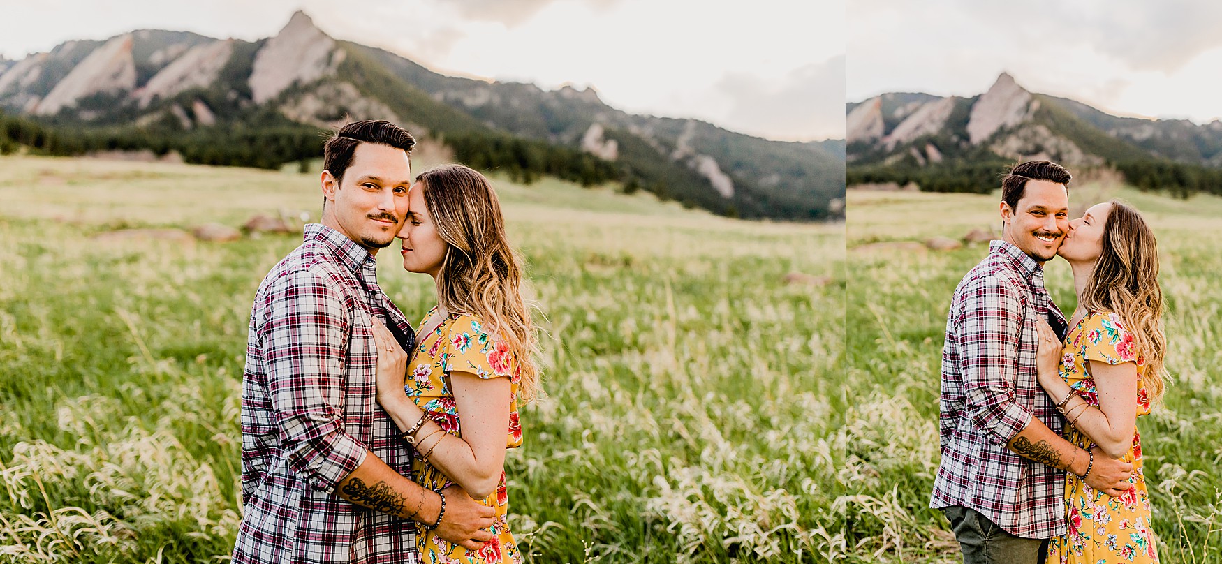 adventurous couple together at chautauqua park in boulder colorado for their mountain engagement photos including beautiful green scenery and summer wildflowers