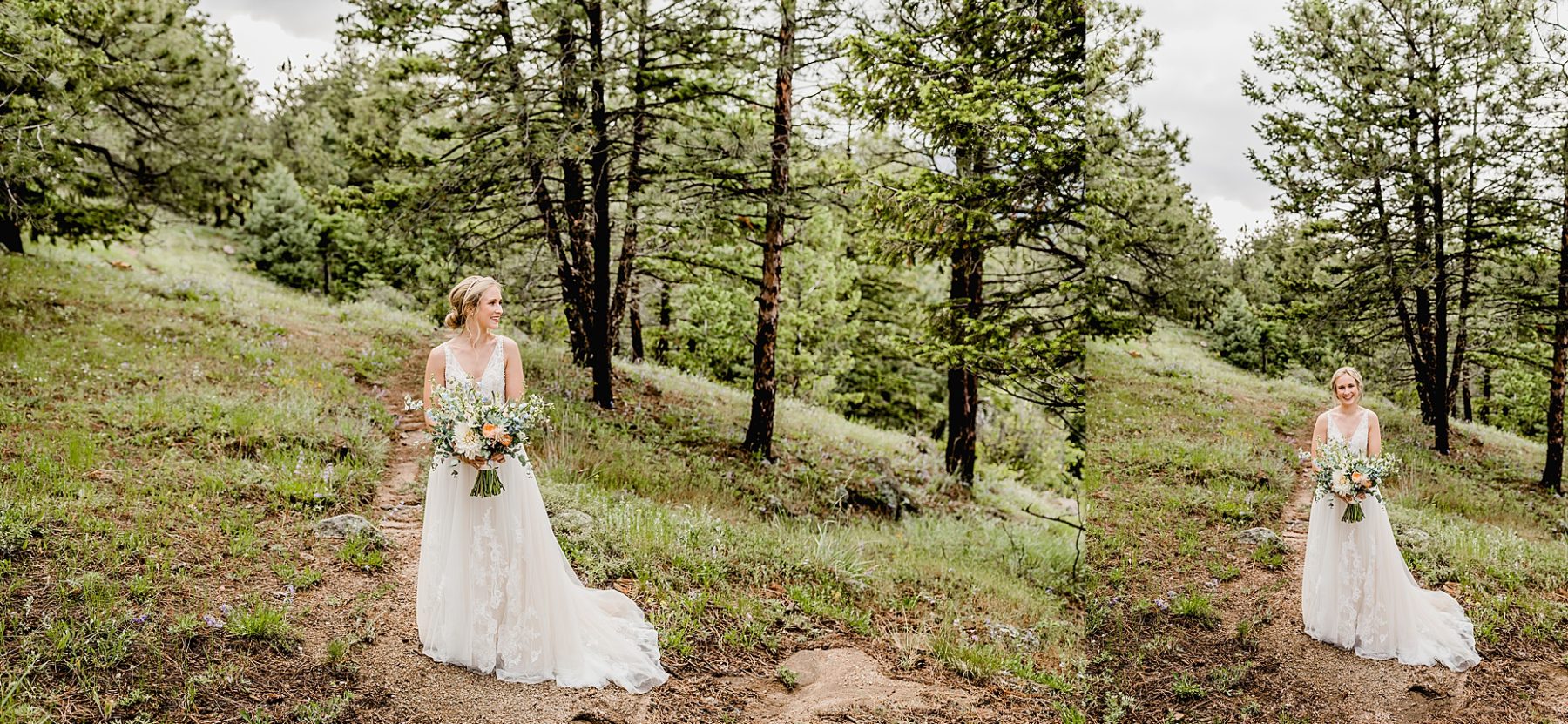bride holds bouquet of colorful flowers in the green trees of colorado