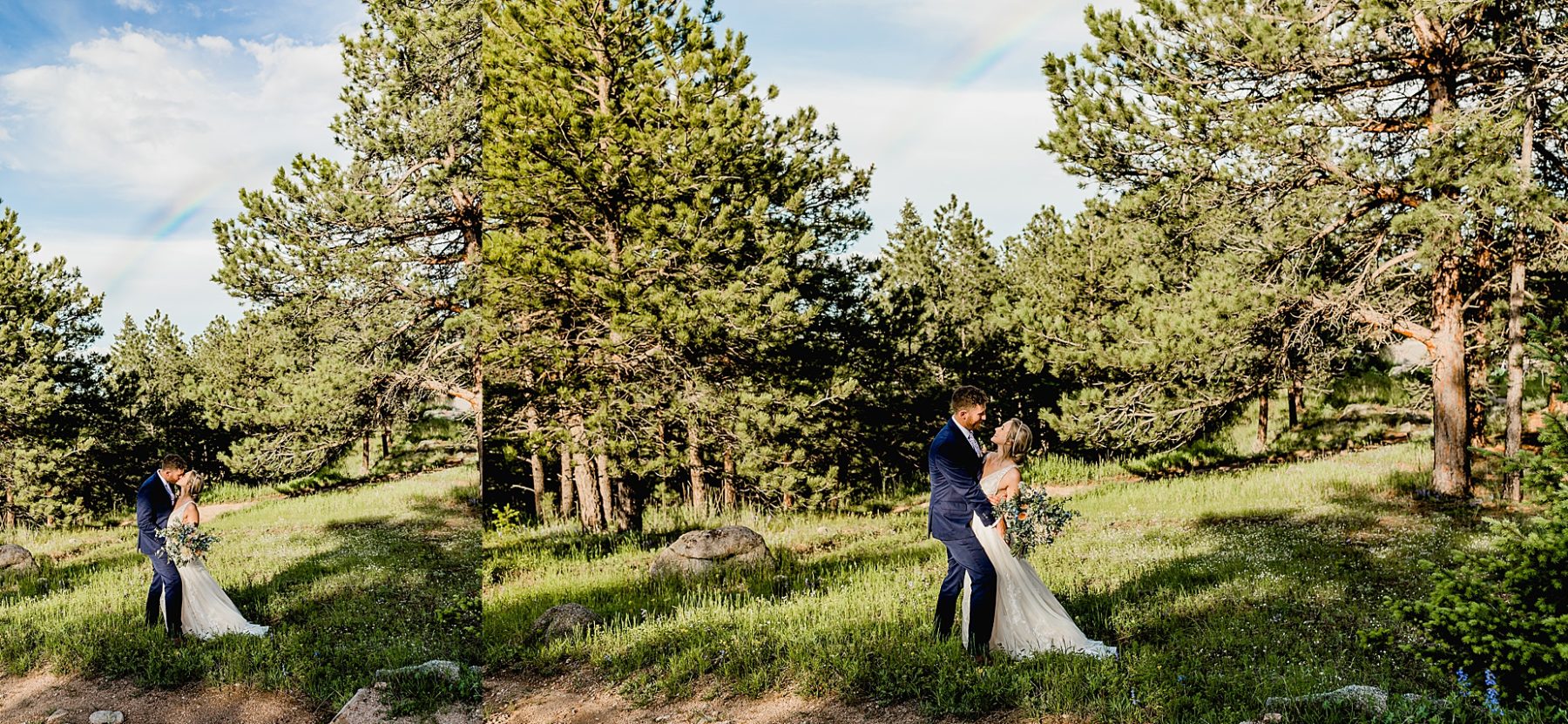 bride and groom embrace under a rainbow in the trees of boulder colorado