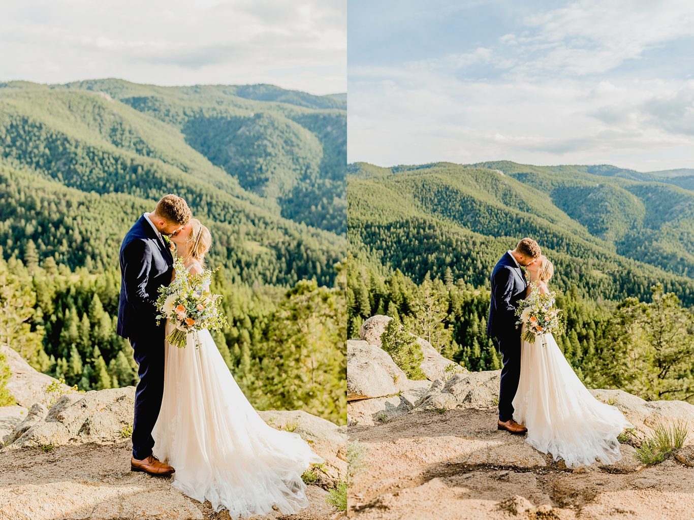couple embracing for their elopement with stunning mountain views of colorado