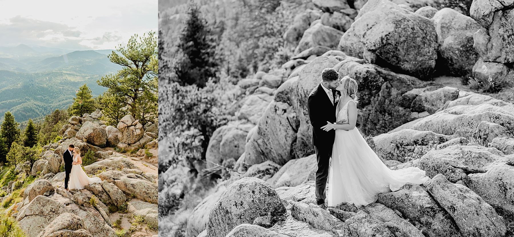 bride and groom kiss with beautiful rock formations behind them showing off boulder colorado