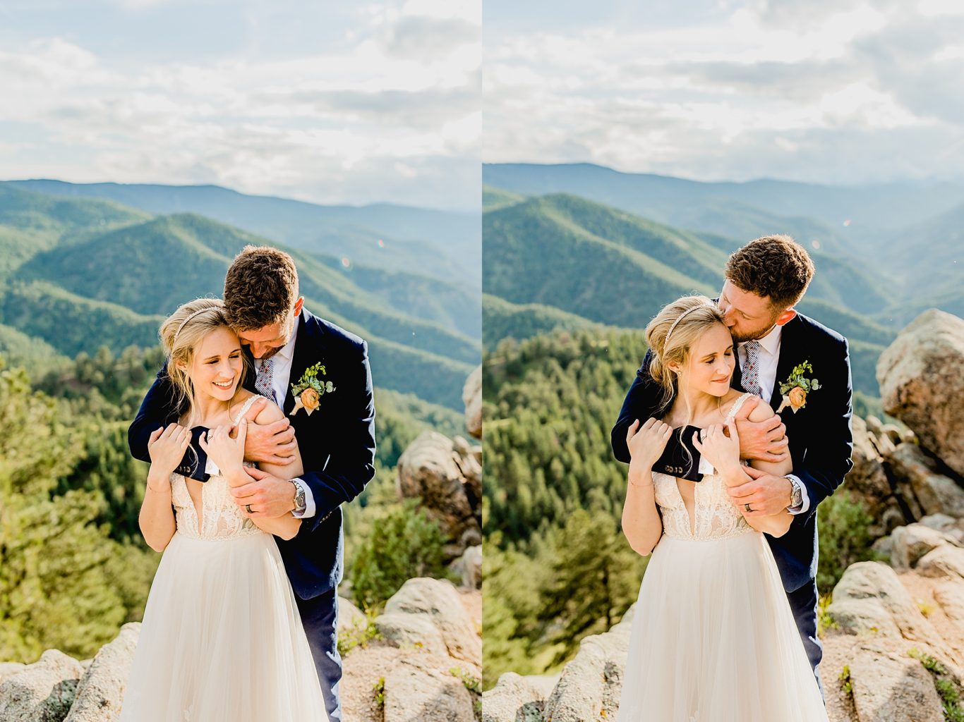 groom hugs bride from behind with incredible mountain background of boulder colorado