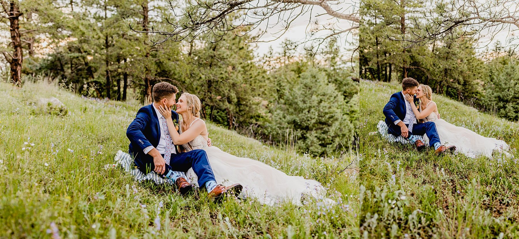 bride and groom are cuddling in the wildflowers for their elopement with trees in the background