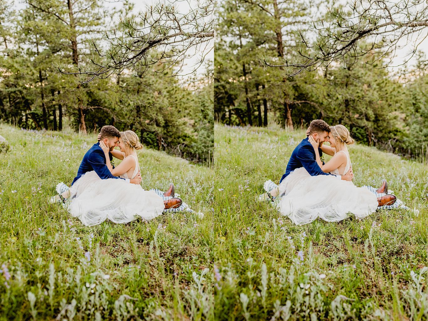 bride and groom embrace together while sitting in the wildflowers of boulder colorado for their wedding