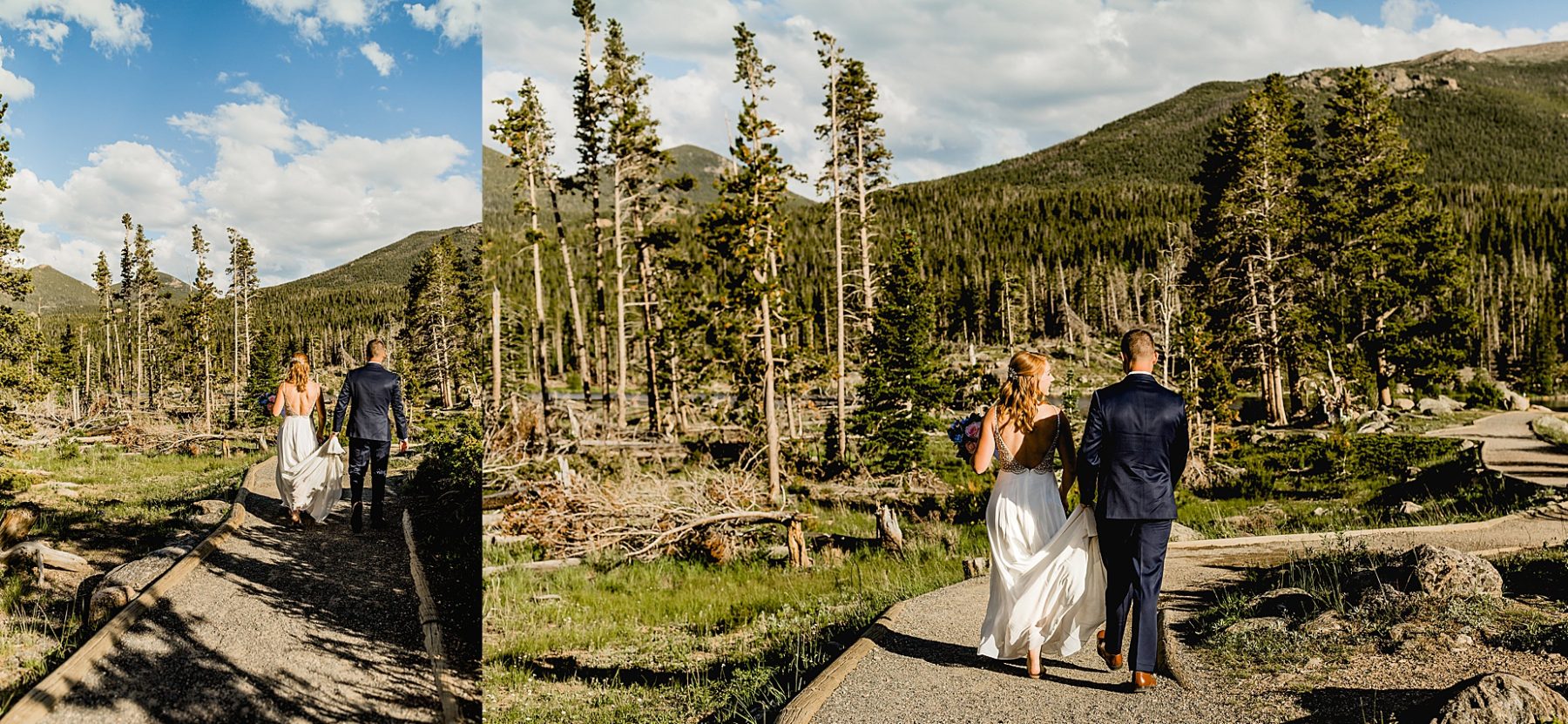 bride and groom walking to Sprague Lake colorado ceremony location