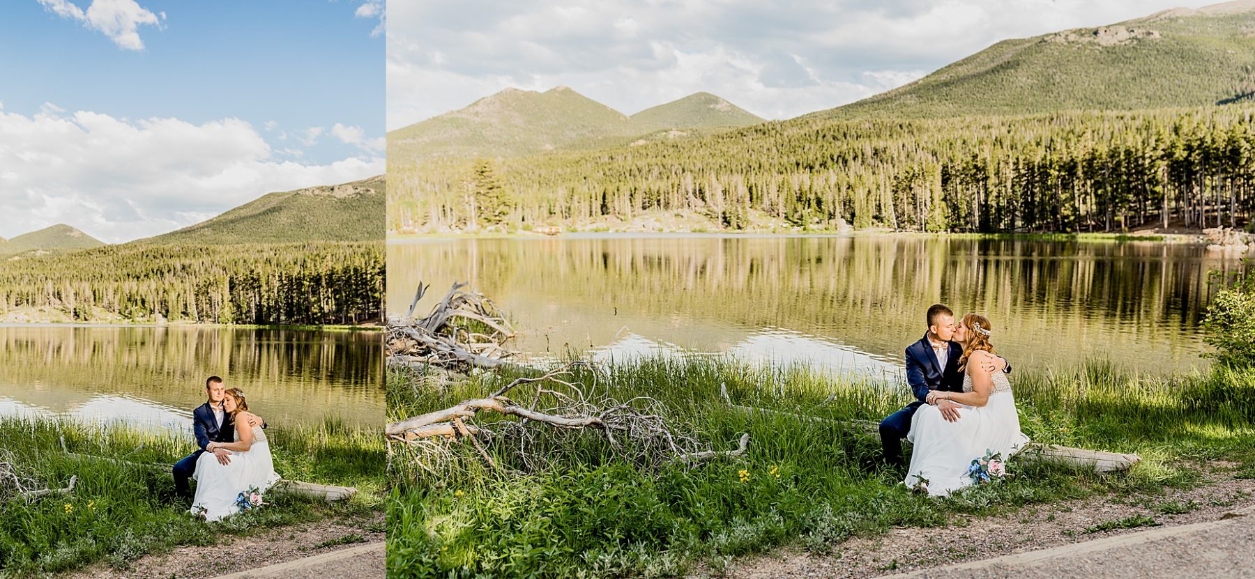 bride and groom together at Sprague Lake with gorgeous backdrop featuring trees and mountains