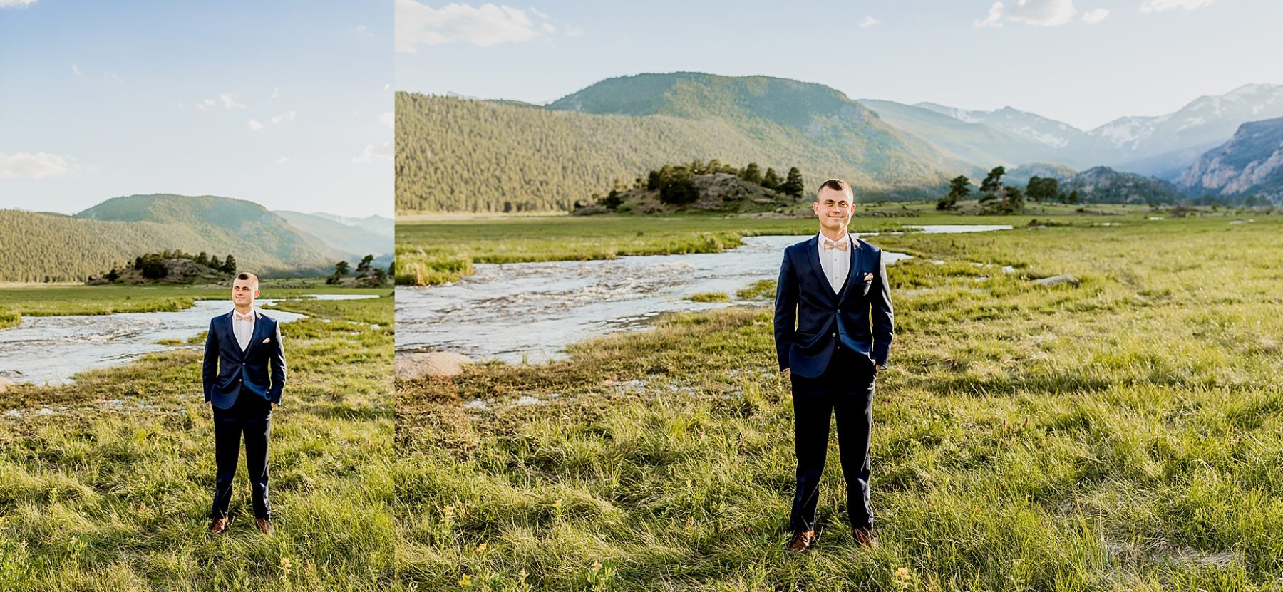 groom stands in colorado meadow in Estes Park with gorgeous blue mountain background and green grass