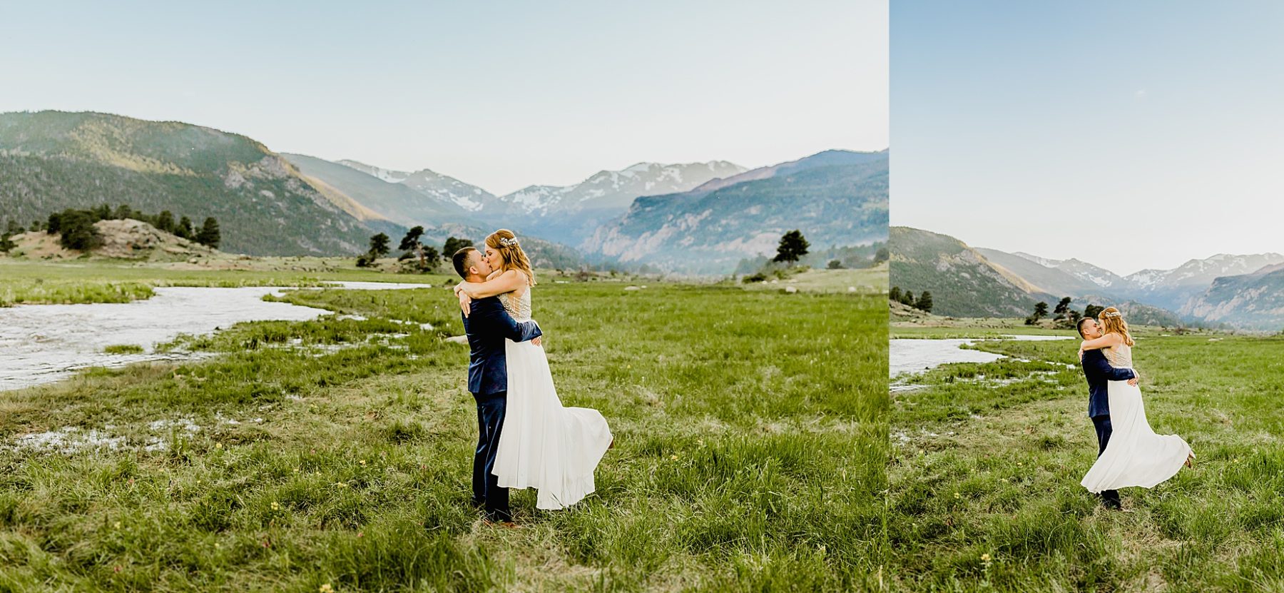groom holds his bride in gorgeous colorado mountain scenery