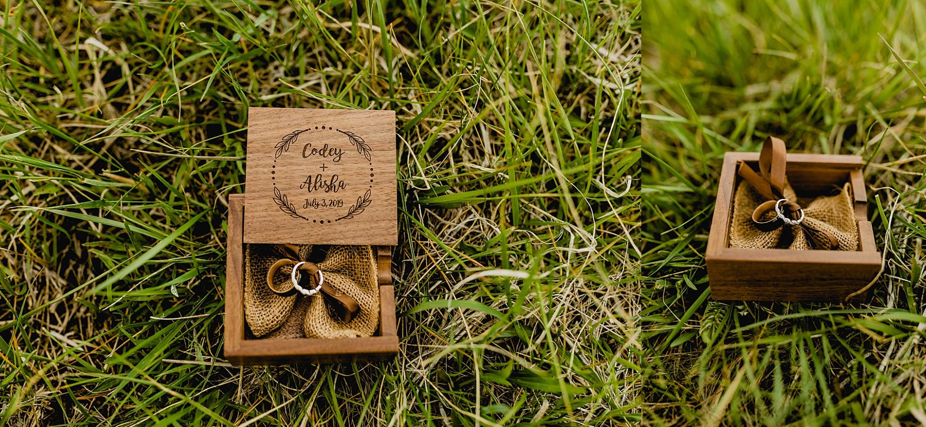 bride and groom rings are on the grass