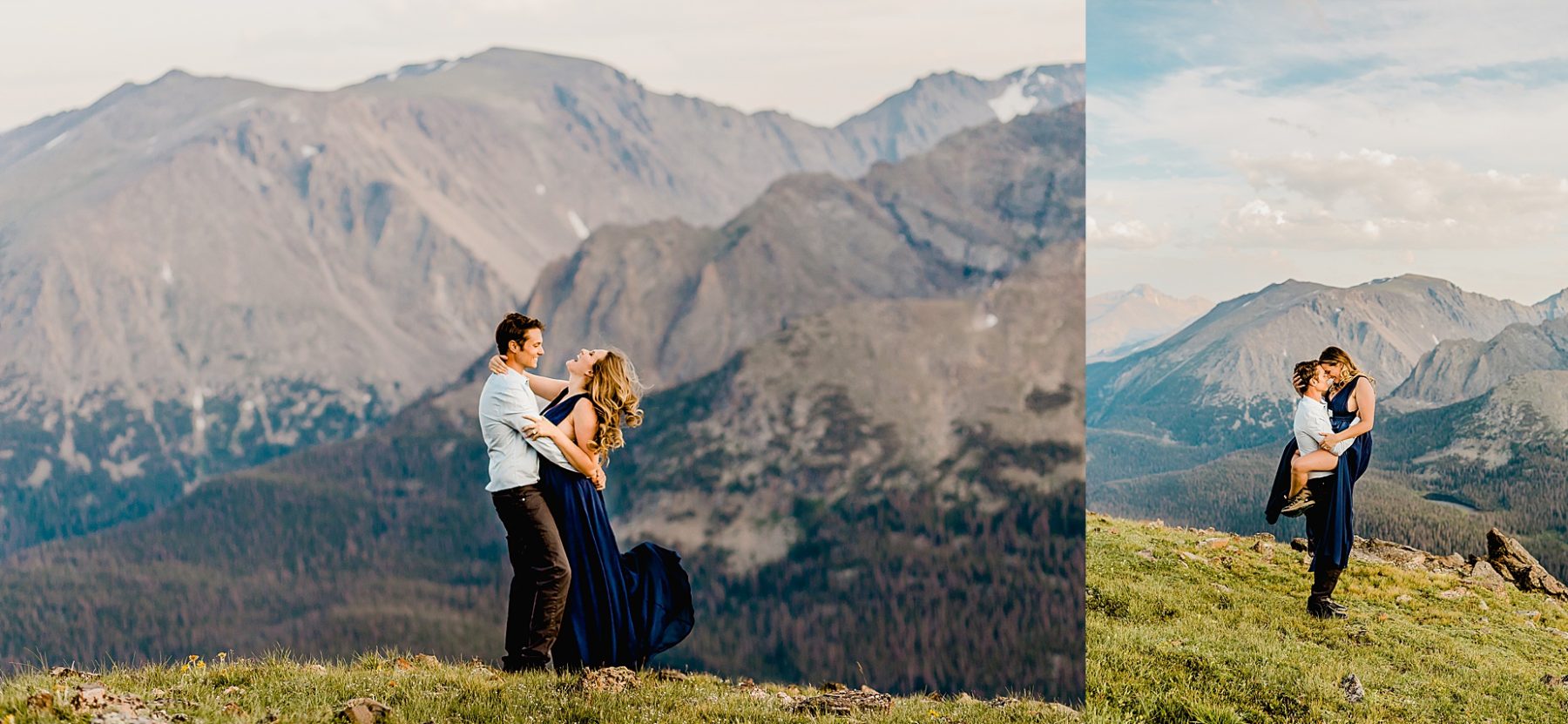 couple laughing together with gorgeous colorado mountain backdrop at sunset