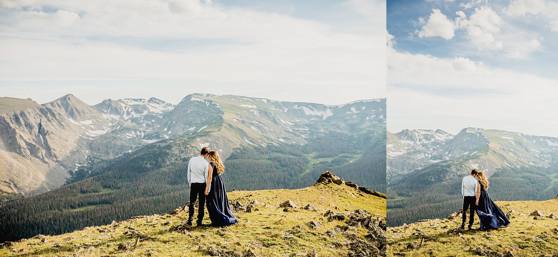couple holds hands in dress attire with rocky mountain background