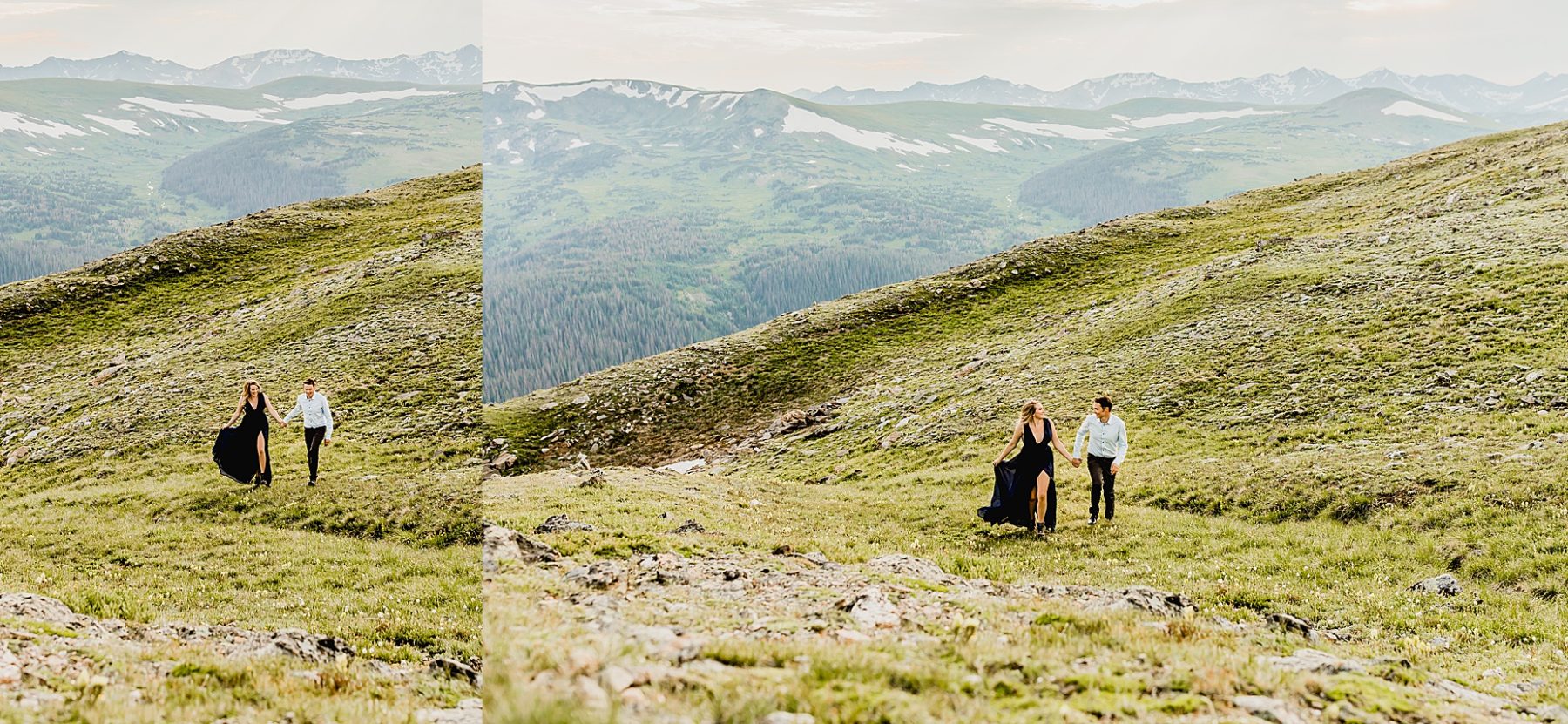 couple holds hands running down a mountain in the green grass with stunning Rocky Mountain landscape in the background