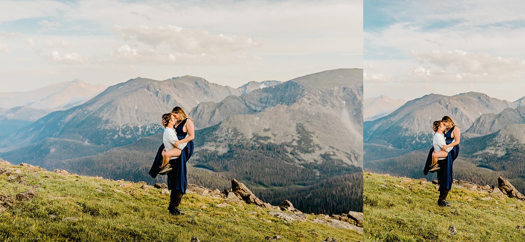 man holds woman up as they hug with a stunning colorado sunset and mountain background showing off the beautiful colors of trail ridge road