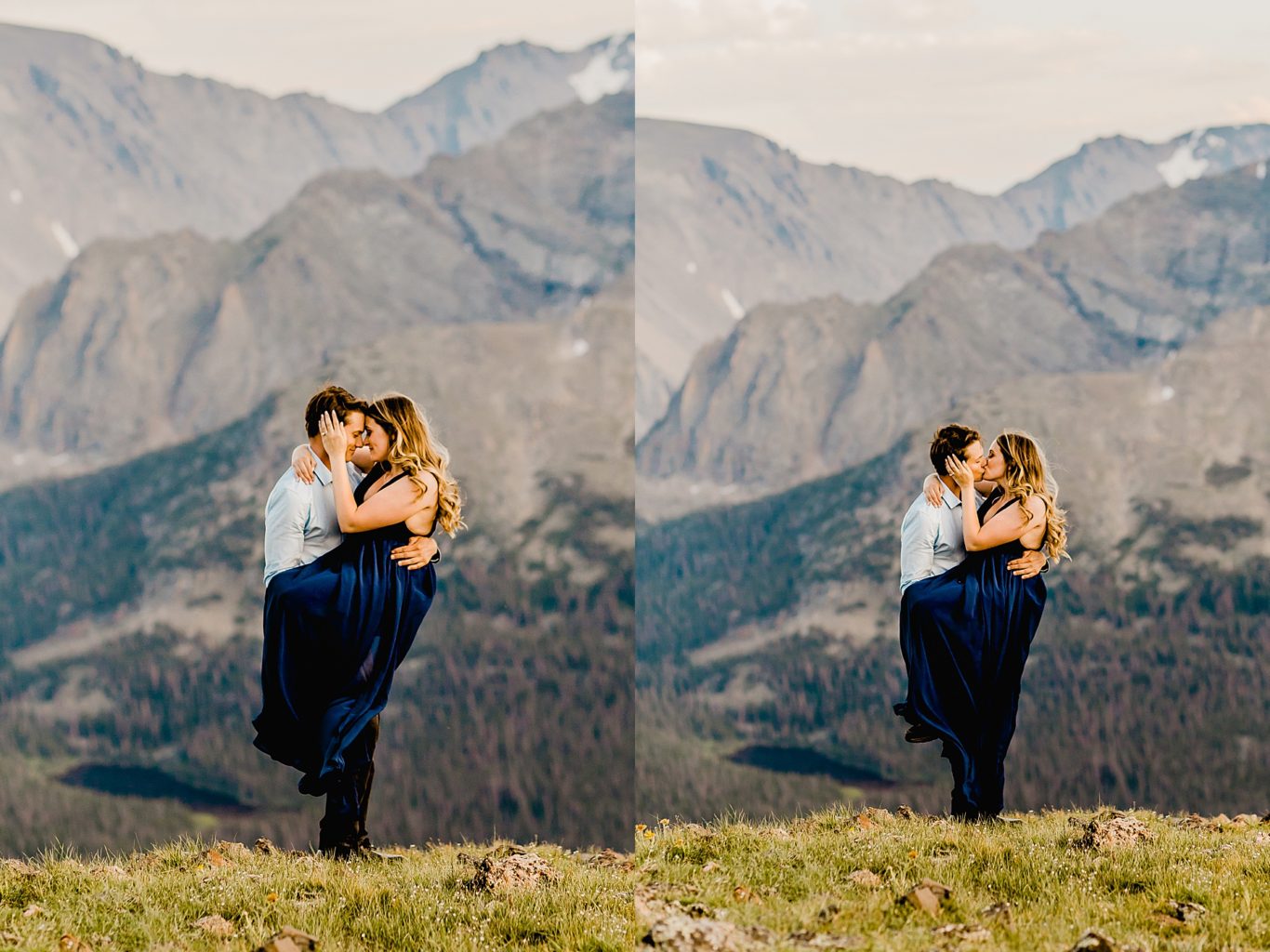 couple hugs and embraces with stunning purple and blue Rocky Mountains in the backdrop showing off colorado sunset colors