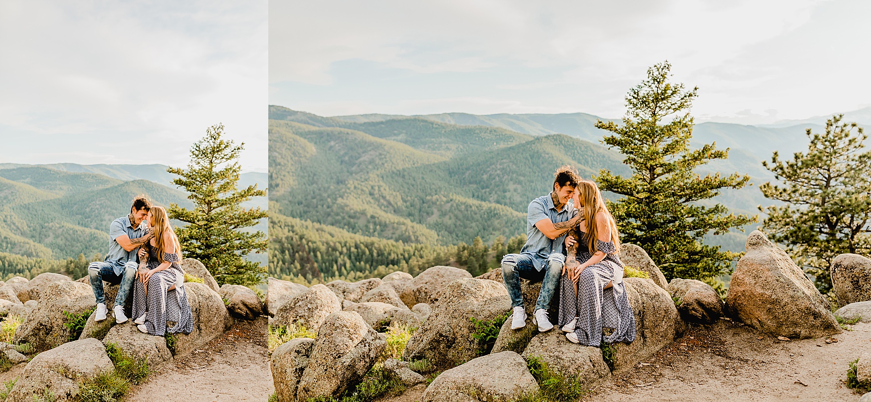 couple sits on a rock holding each other with green mountains and trees in the distance boulder colorado