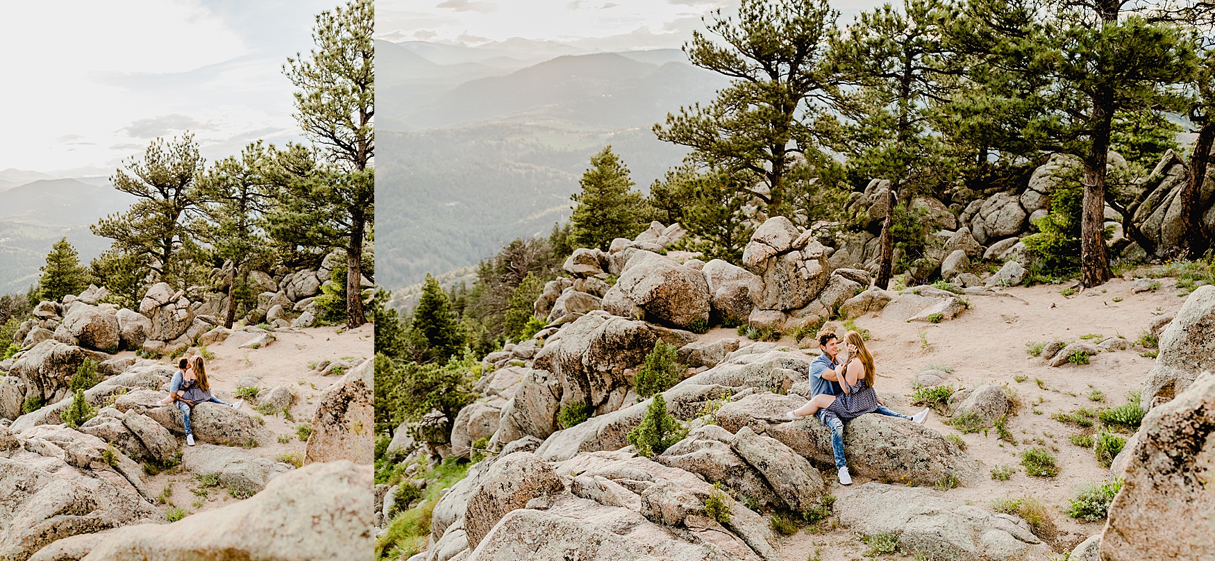 wide angle shot of couple sitting together with colorado trees, rocks, and mountains in the background