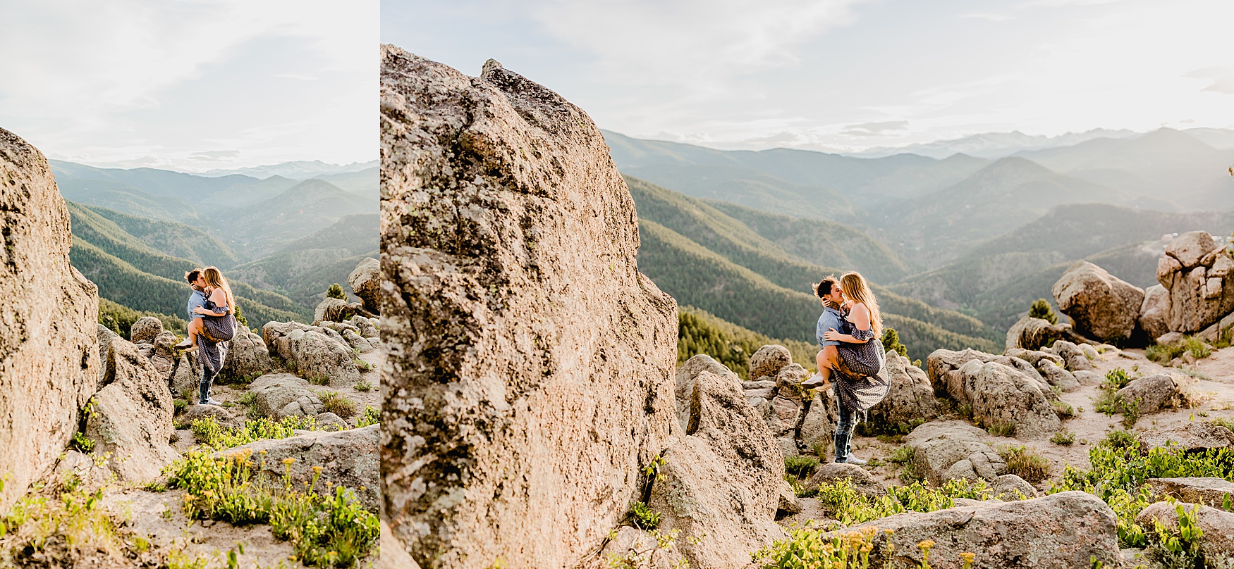 couple embraces together for engagement session with beautiful boulder colorado scenery showing off the trees and mountains