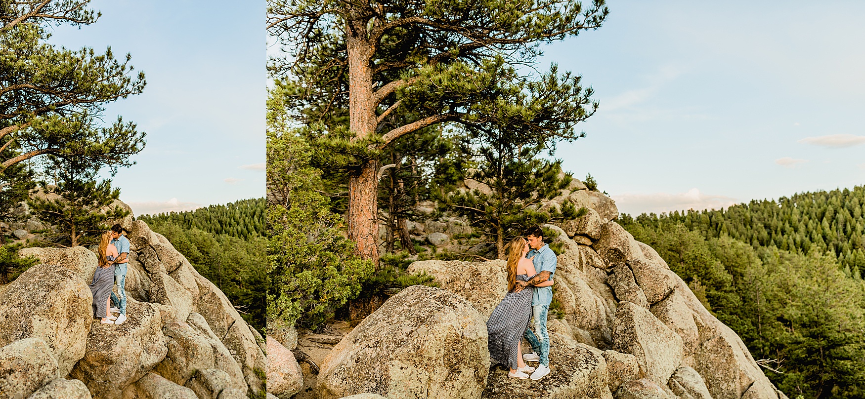 couple stands on rocks while embracing the beautiful scenery