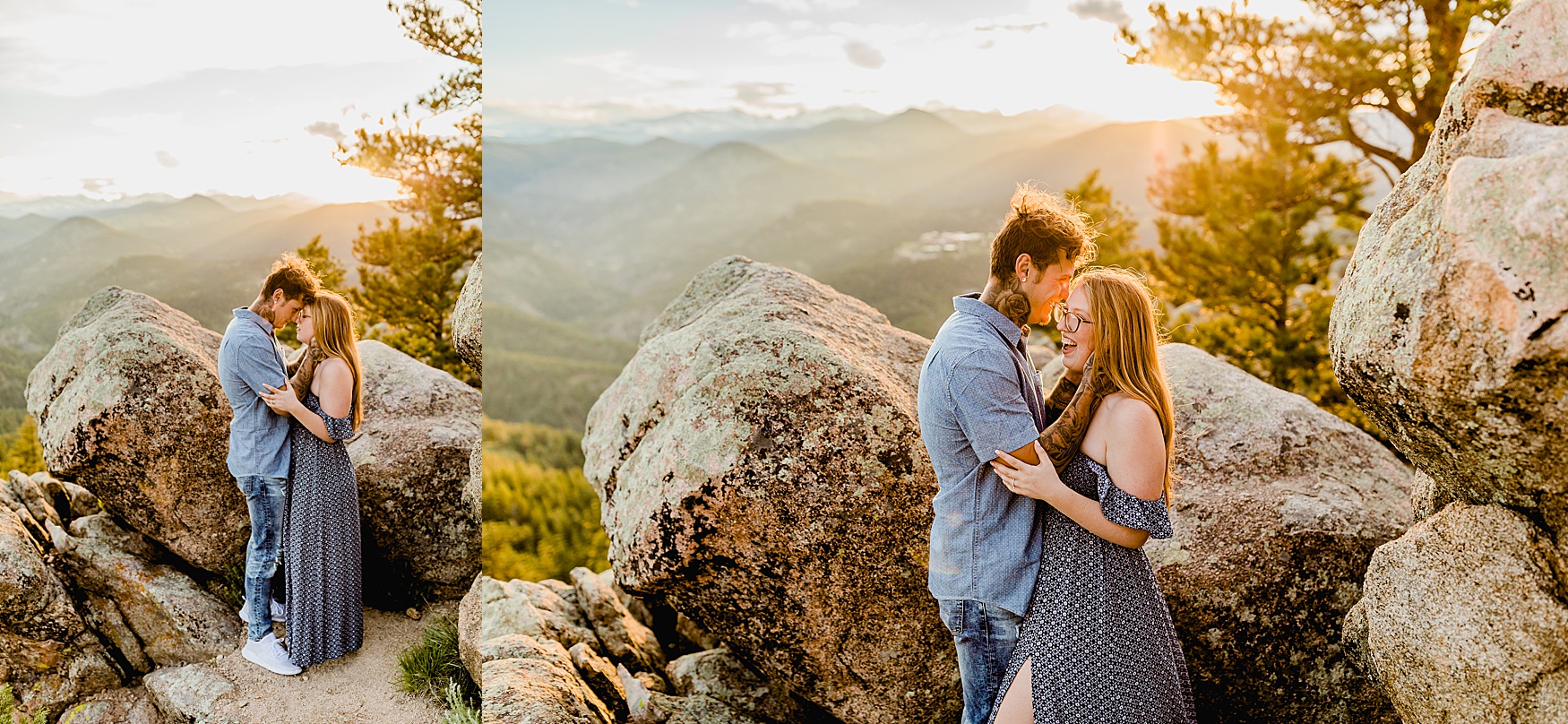 couple holds each other next to rock formations with beautiful colorado sunset and mountain background for adventure engagement session