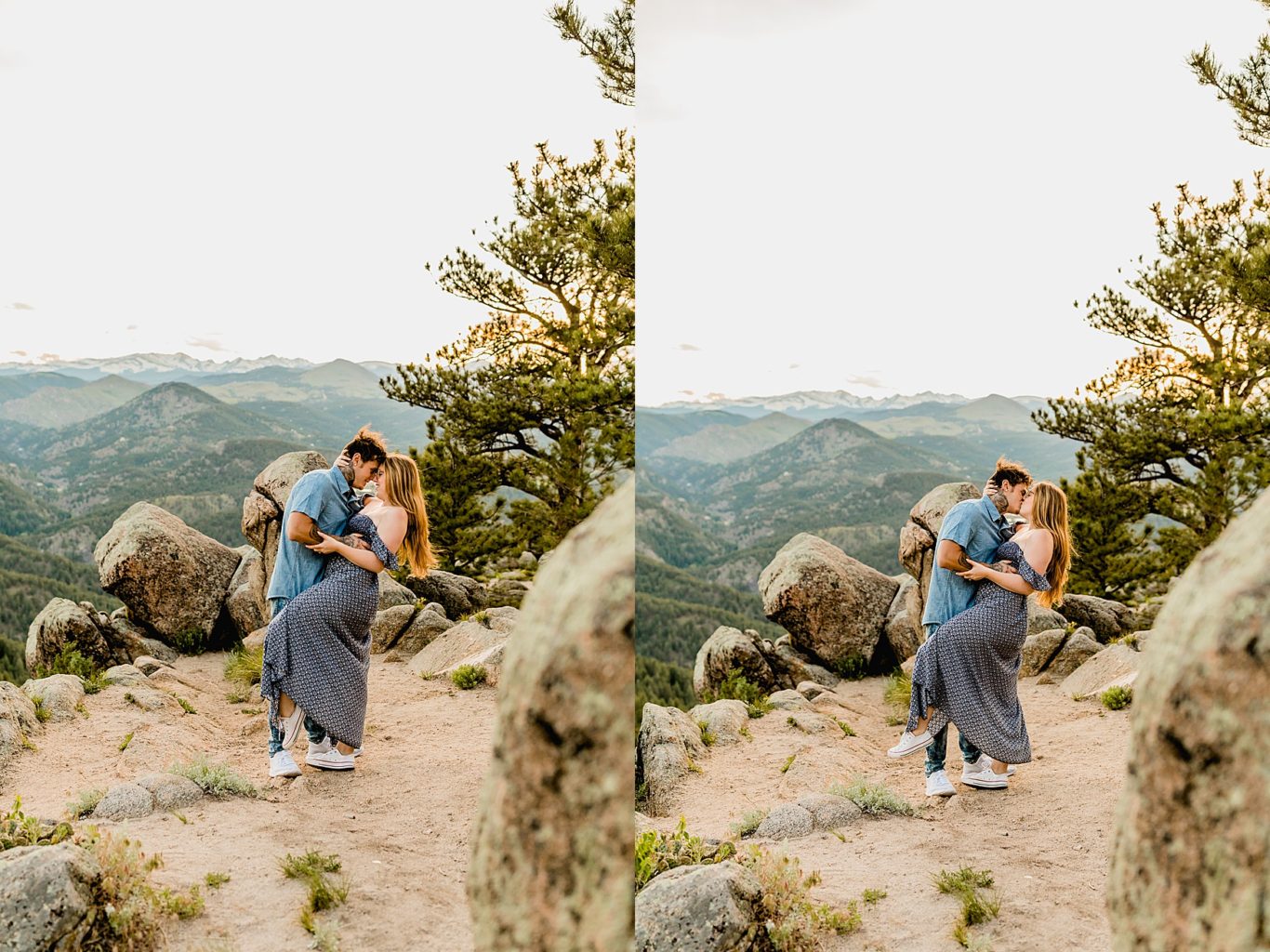 man dips woman in boulder colorado with stunning mountain backdrop after sunset