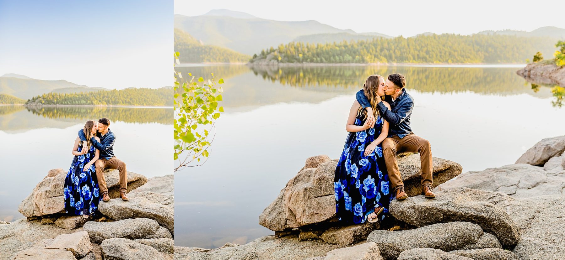 couple sits on rocks in front of beautiful boulder colorado lake with gorgeous mountain scenery