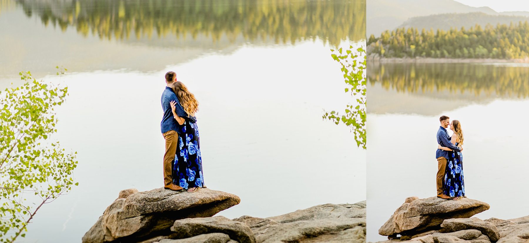 couple stands on rocks in front of beautiful boulder colorado lake with gorgeous mountain scenery