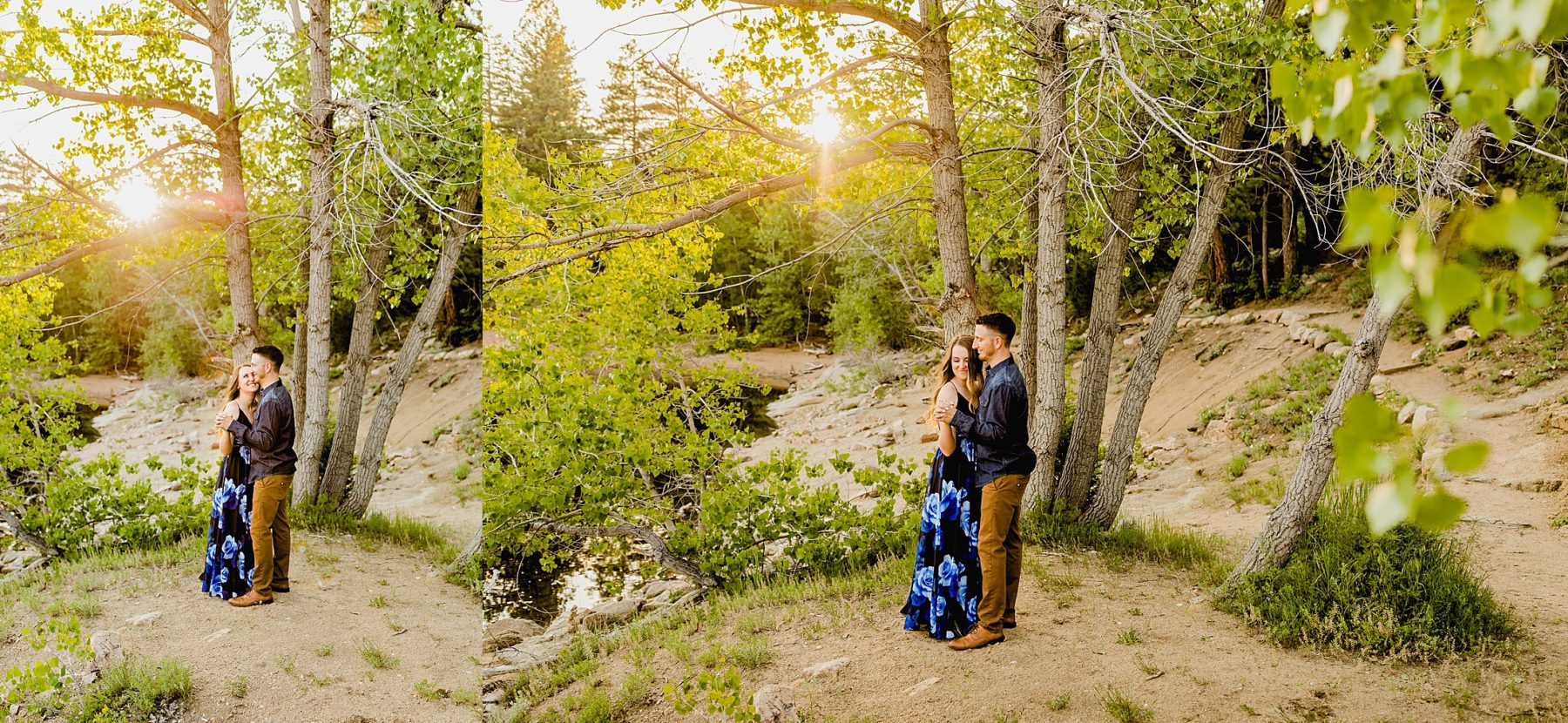 couple dances together in gorgeous sunset light in boulder colorado with aspen trees