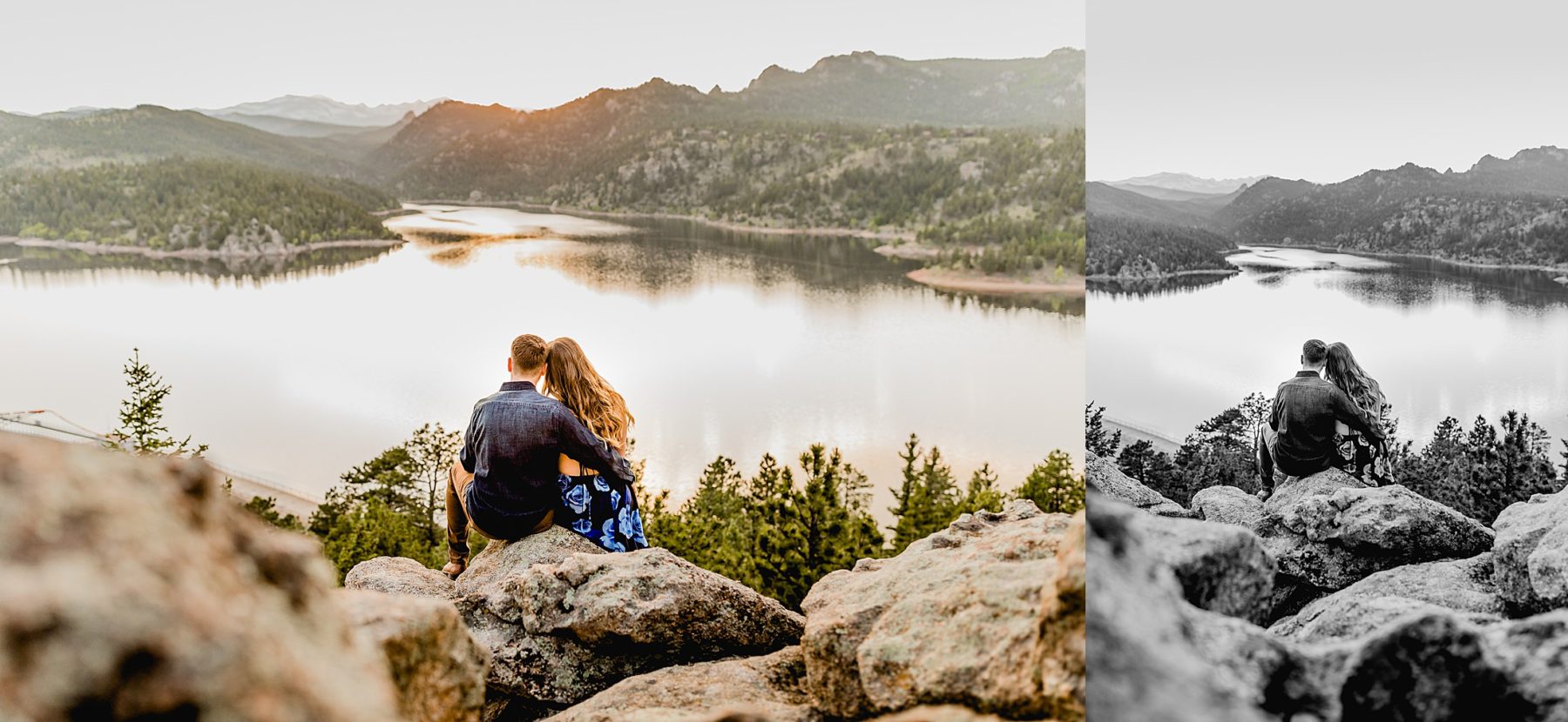 couple sits together overlooking incredible rocky mountain scenery and lake to celebrate anniversary