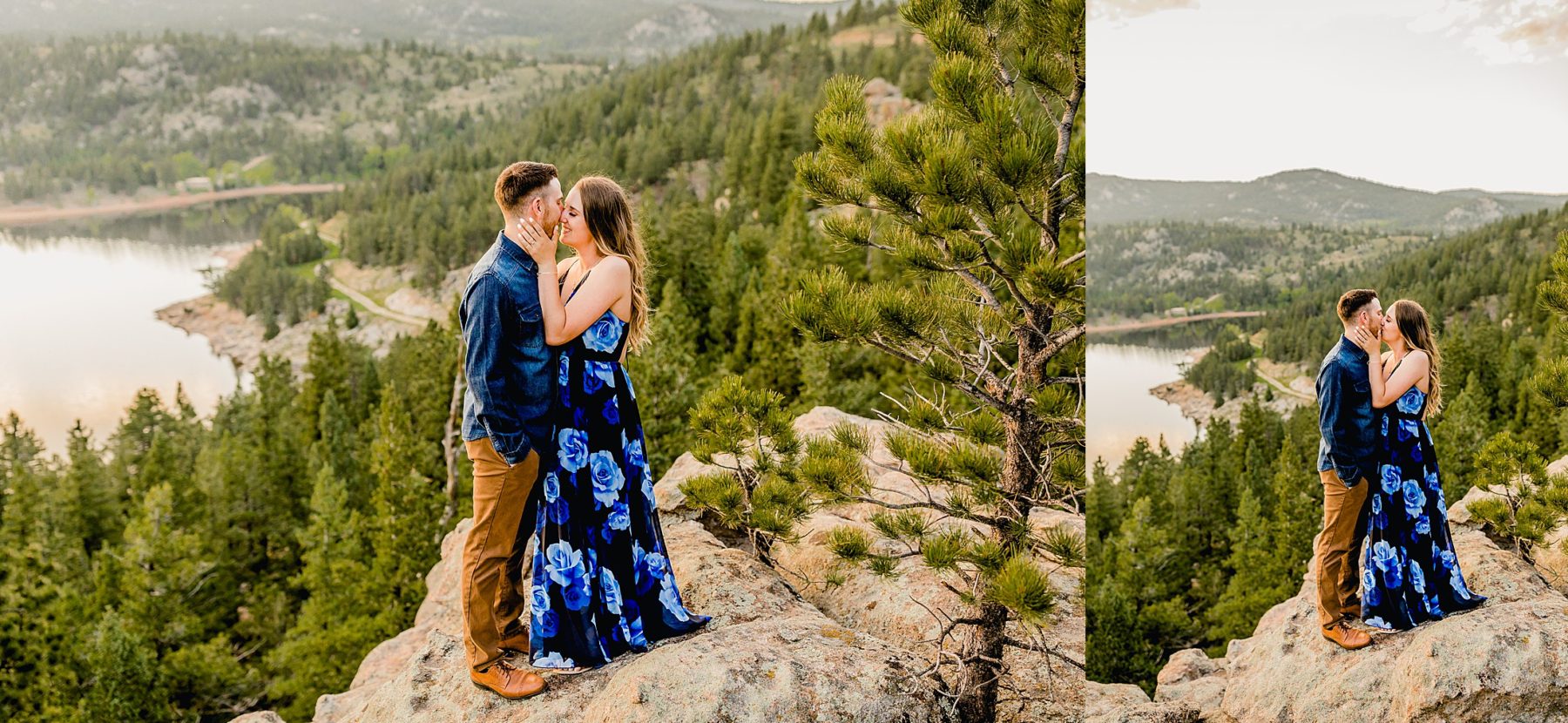 couple stands together in boulder colorado with stunning greenery and mountain scenery around them