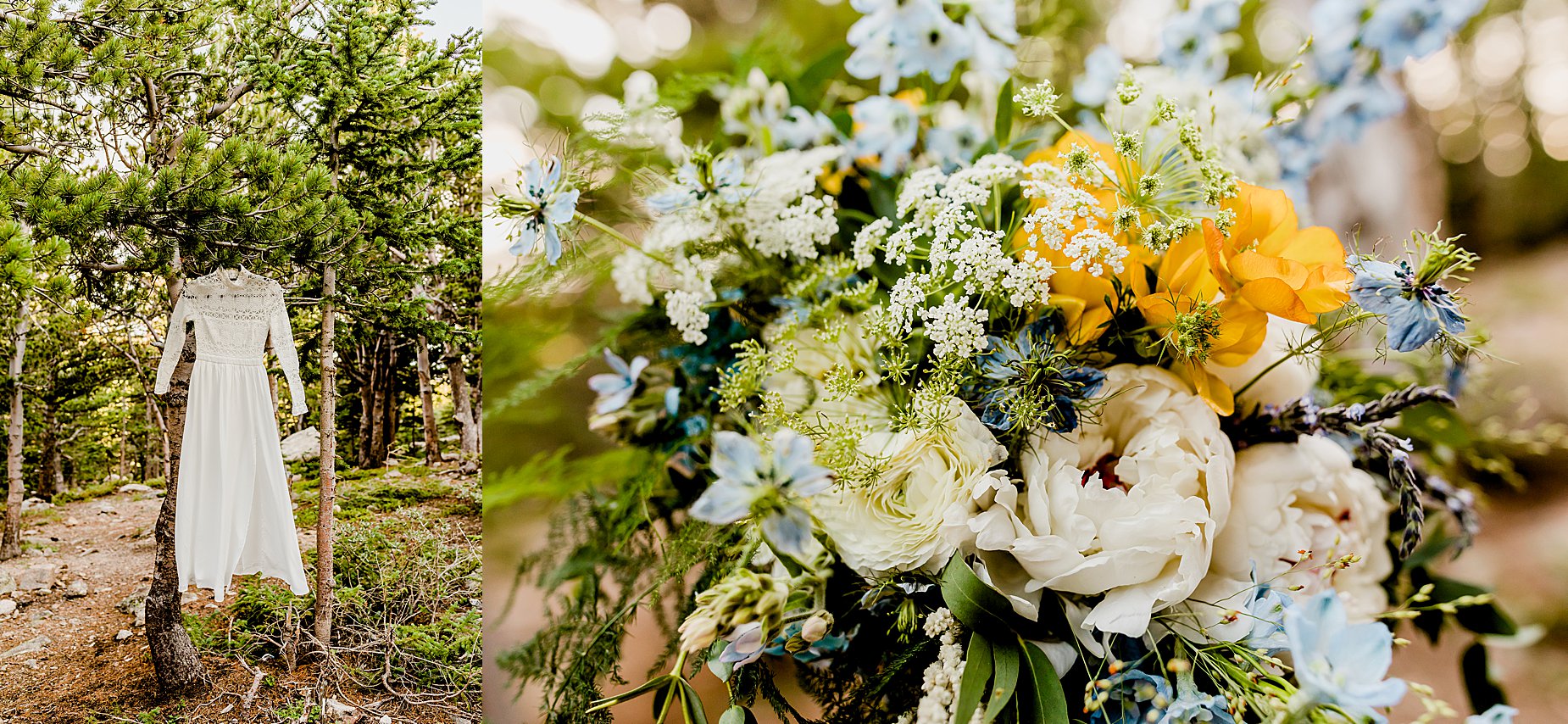brides dress is hanging in a tree and gorgeous floral bouquet with blues and whites