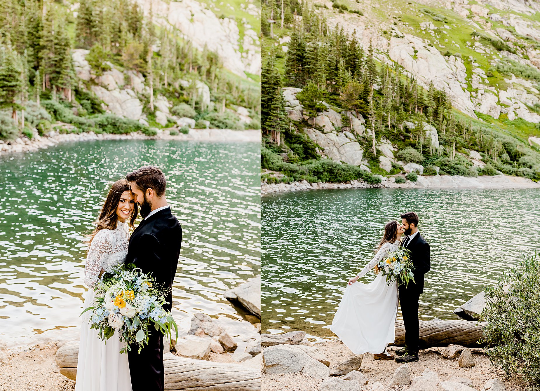 bride and groom stand in front of gorgeous blue alpine lake with evergreen trees in the background while holding beautiful florals