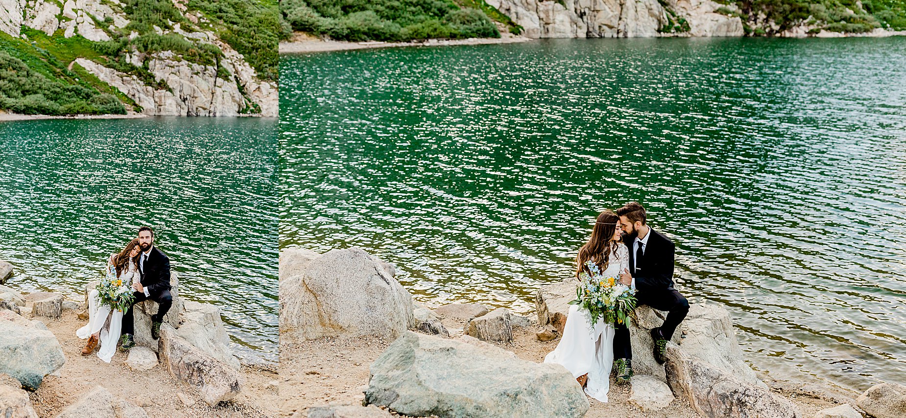 bride and groom sit on rock in front of beautiful colorado lake for outdoor elopement