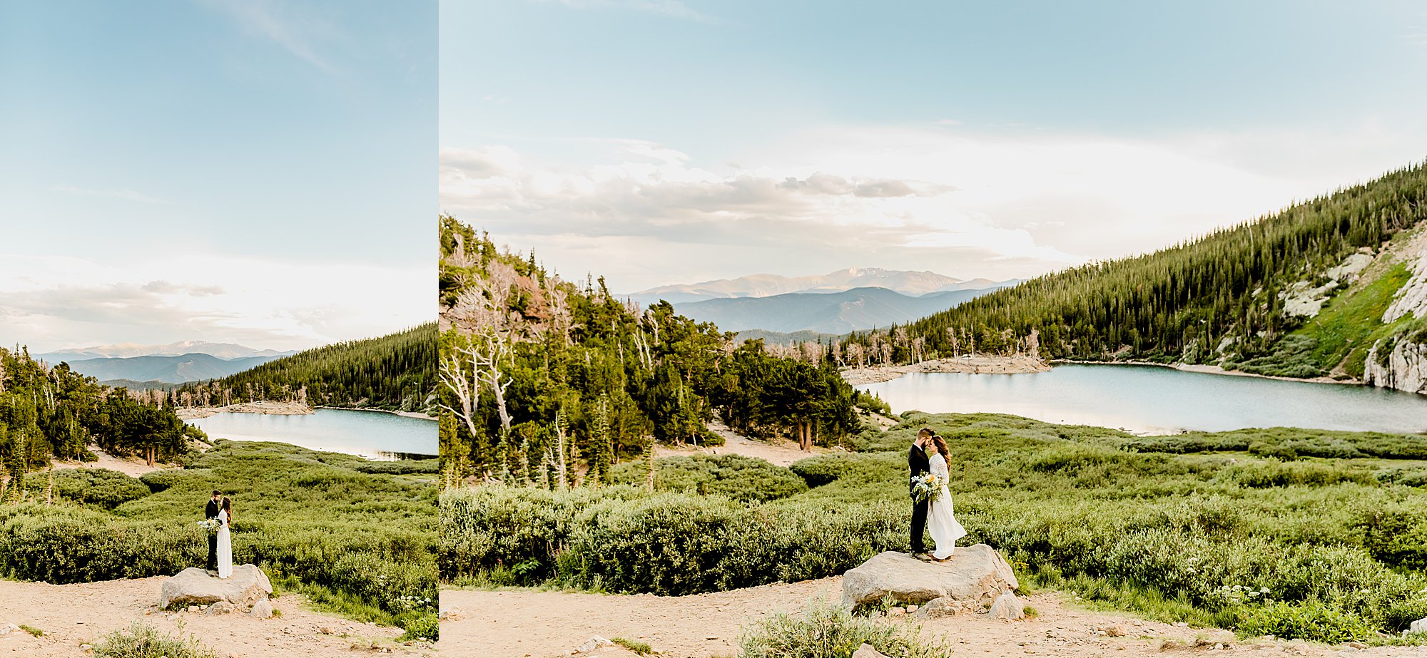 bride and groom stand on rock for colorado elopement with gorgeous mountains, lake, and trees in the scenery