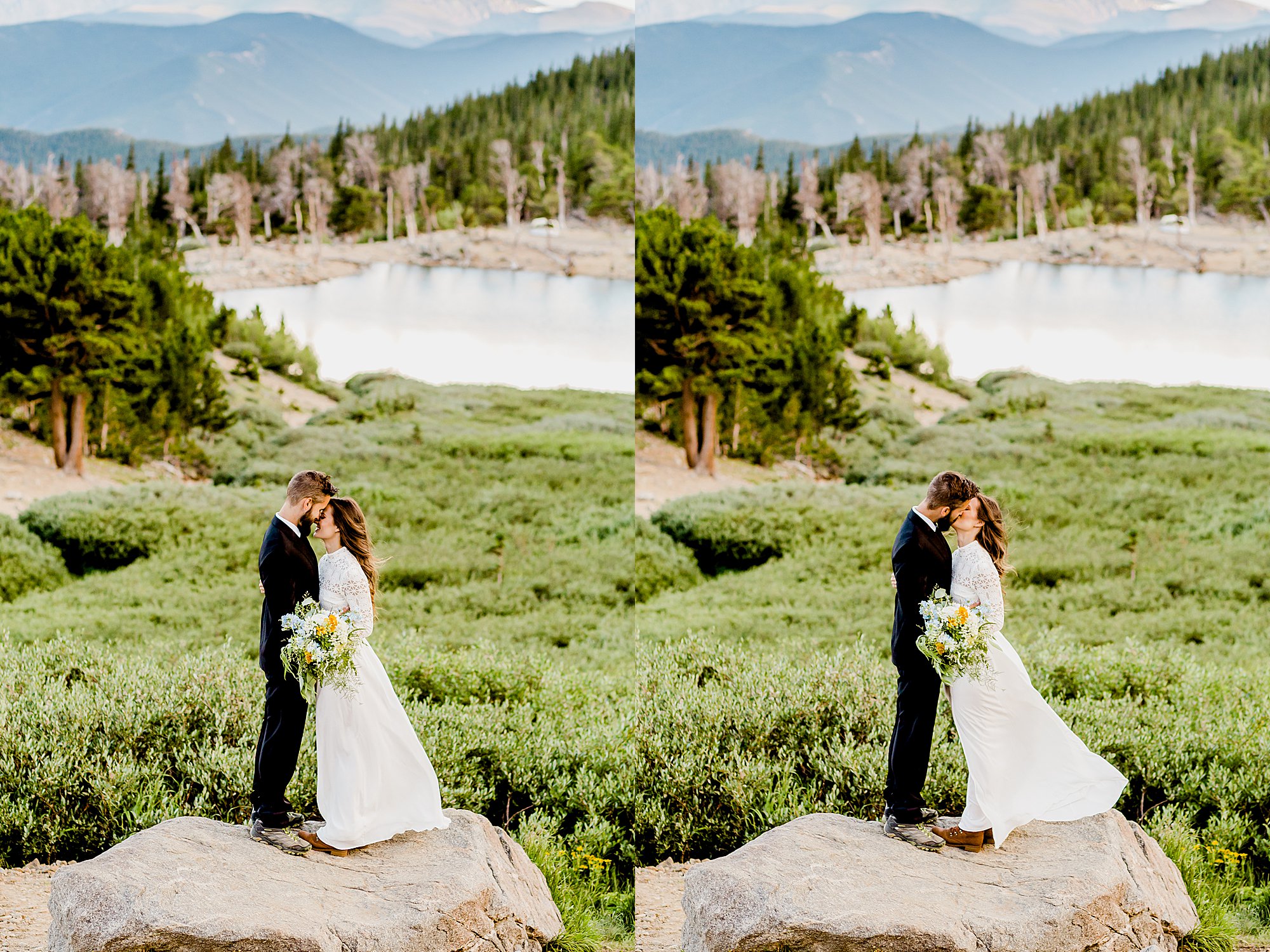 bride and groom stand on rock for colorado elopement with gorgeous mountains, lake, and trees in the scenery