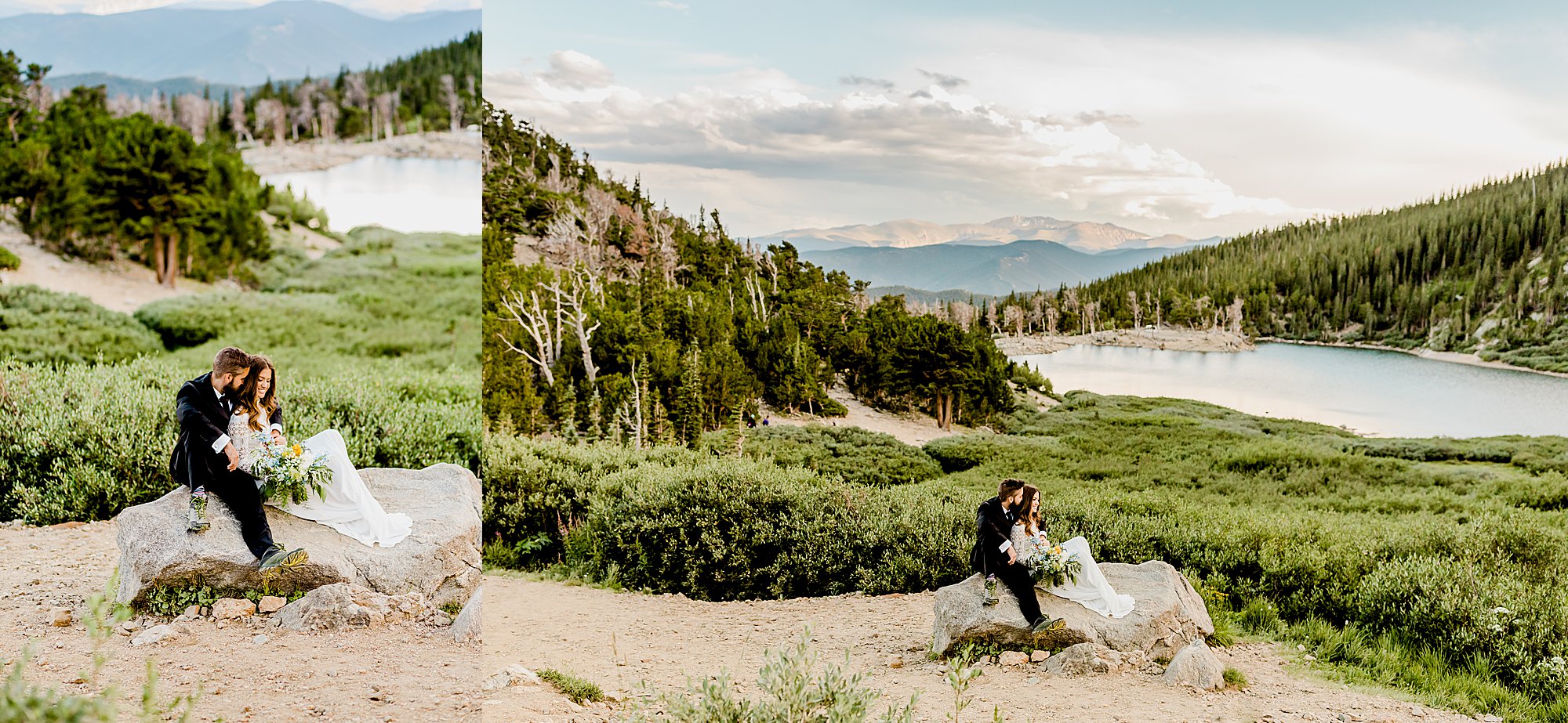 bride and groom sit on rock in front of a beautiful mountain and lake scenery for their colorado elopement
