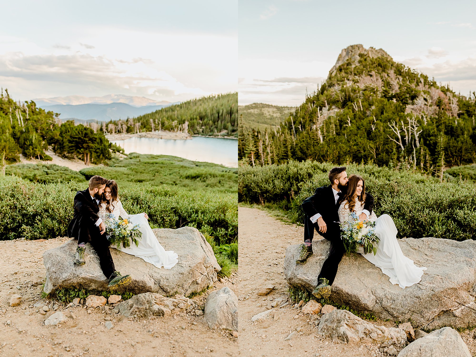 bride and groom sit on rock in front of a beautiful mountain and lake scenery for their colorado elopement