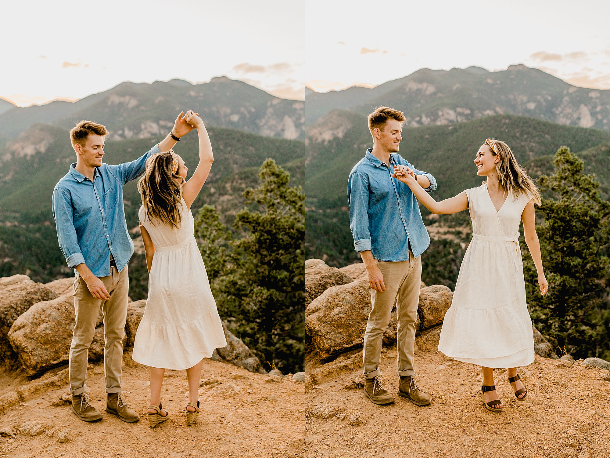 couple dances together for colorado engagement photos in cheyenne mountain