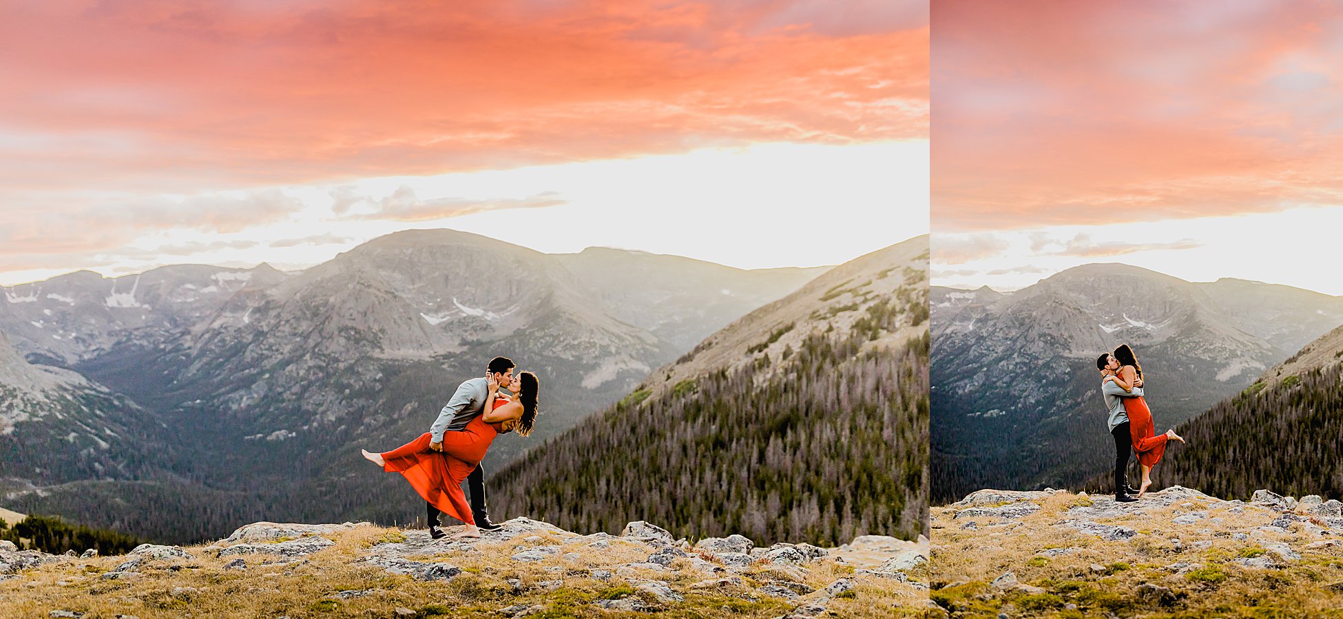 couple has rocky mountain national park adventure photos taken at sunset with stunning colorado landscape