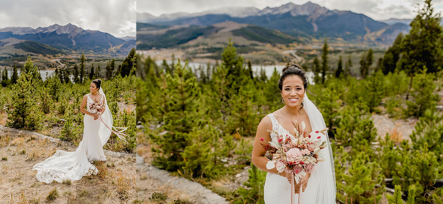 Bride holds bouquet in front of beautiful mountain views of Sapphire Point before her elopement ceremony