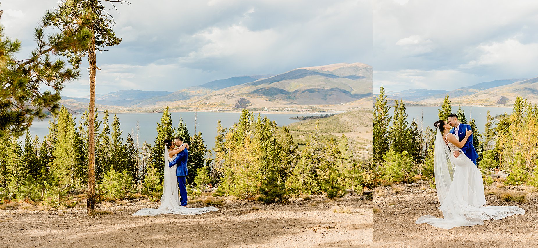 Couple stands in front of gorgeous mountain and lake views with changing aspens in the background for their breckenridge fall elopement, captured by Lauren Casino Photography, a Colorado elopement photographer