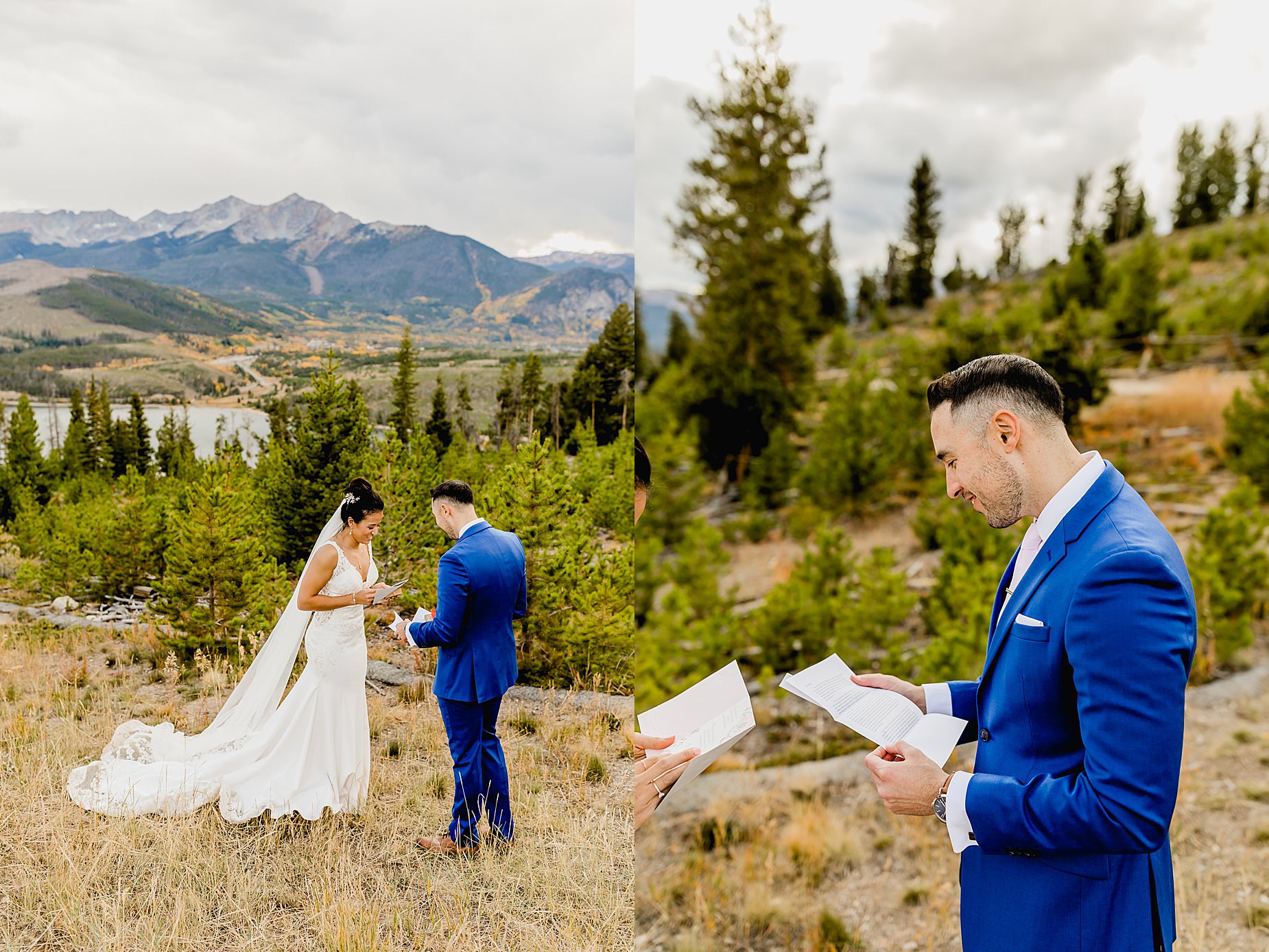 Bride and groom share letters and gifts before their Sapphire Point elopement ceremony with gorgeous mountains and trees in the background, captured by Lauren Casino Photography, a Colorado elopement photographer